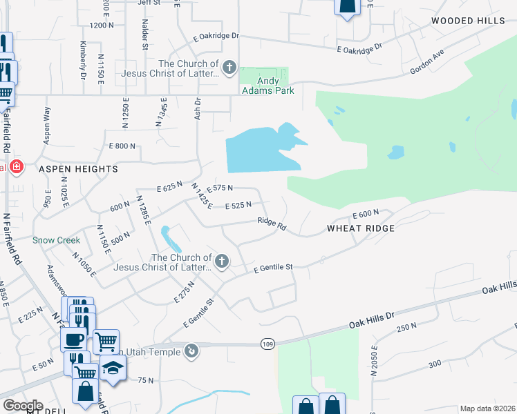 map of restaurants, bars, coffee shops, grocery stores, and more near 1621 Ridge Road in Layton