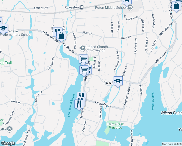 map of restaurants, bars, coffee shops, grocery stores, and more near 160 Rowayton Avenue in Norwalk