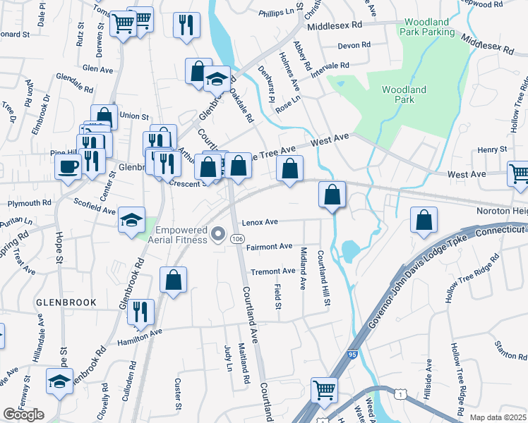 map of restaurants, bars, coffee shops, grocery stores, and more near 54 Lenox Avenue in Stamford