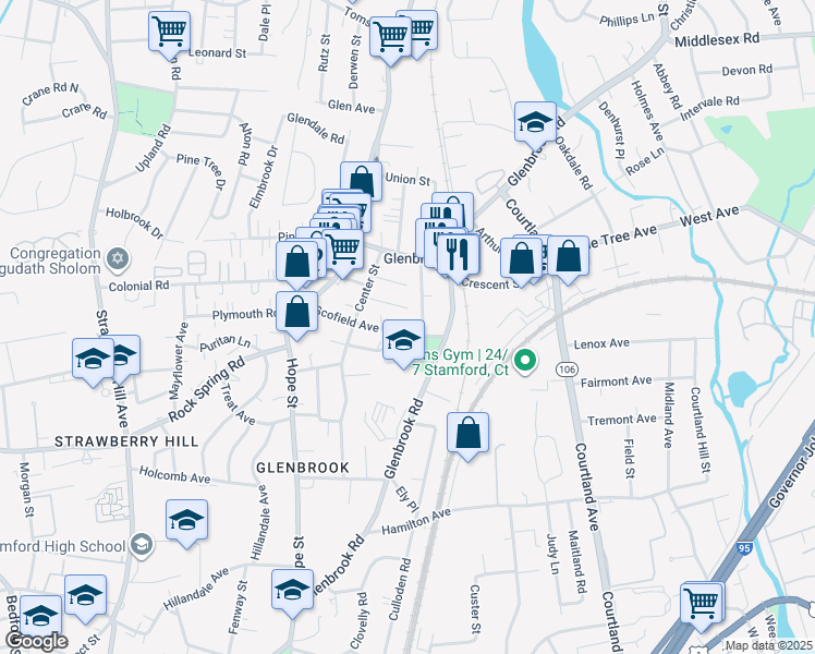 map of restaurants, bars, coffee shops, grocery stores, and more near 12 Oscar Street in Stamford