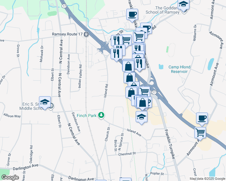 map of restaurants, bars, coffee shops, grocery stores, and more near 62 Regency Park in Ramsey