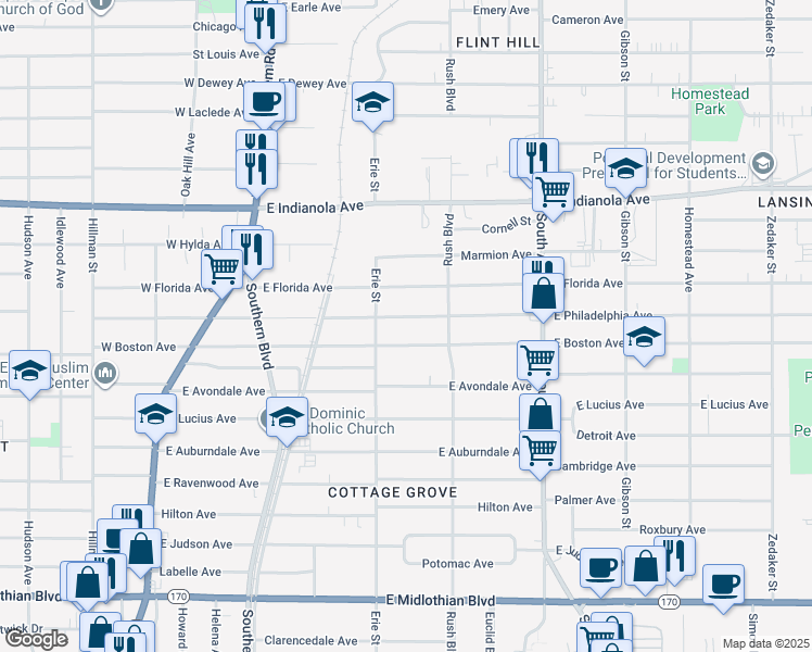 map of restaurants, bars, coffee shops, grocery stores, and more near 222 East Boston Avenue in Youngstown