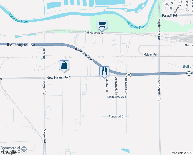 map of restaurants, bars, coffee shops, grocery stores, and more near 5416 New Haven Avenue in Fort Wayne