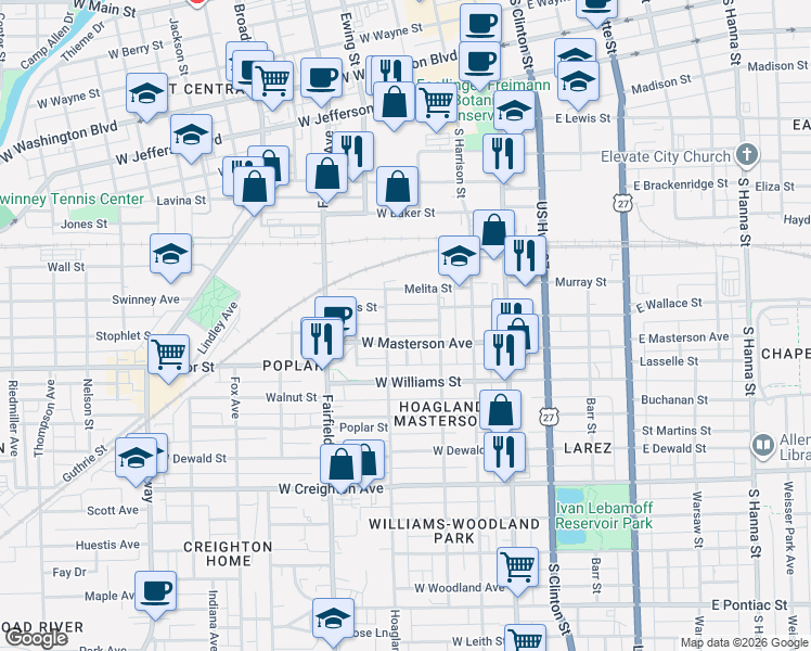 map of restaurants, bars, coffee shops, grocery stores, and more near 316 West Masterson Avenue in Fort Wayne