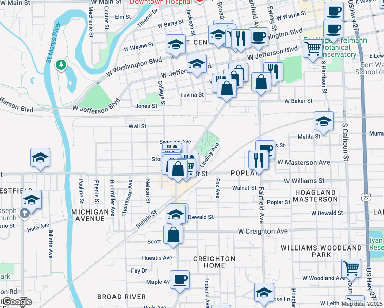 map of restaurants, bars, coffee shops, grocery stores, and more near 909 Parkview Ave in Fort Wayne