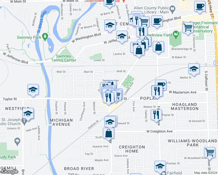 map of restaurants, bars, coffee shops, grocery stores, and more near 1904 Broadway in Fort Wayne
