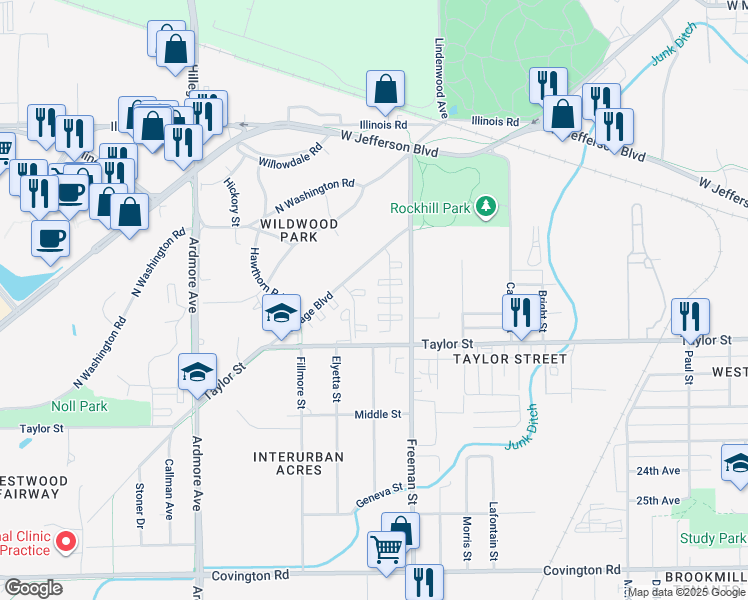 map of restaurants, bars, coffee shops, grocery stores, and more near 3201 Portage Blvd in Fort Wayne