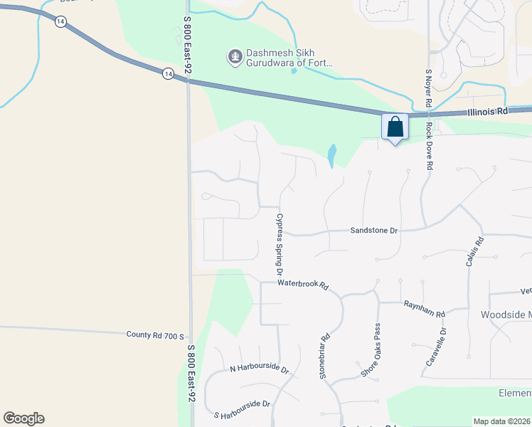map of restaurants, bars, coffee shops, grocery stores, and more near 1624 Cypress Spring Drive in Fort Wayne