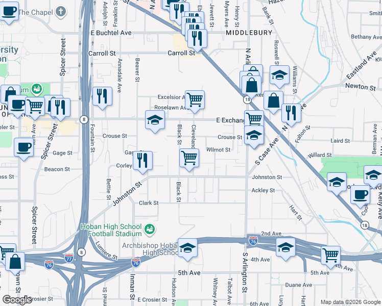 map of restaurants, bars, coffee shops, grocery stores, and more near 363 Cleveland Street in Akron
