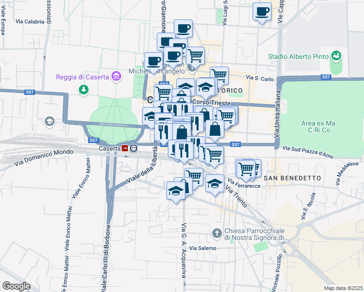 map of restaurants, bars, coffee shops, grocery stores, and more near 28 Via Renato de Martino in Caserta