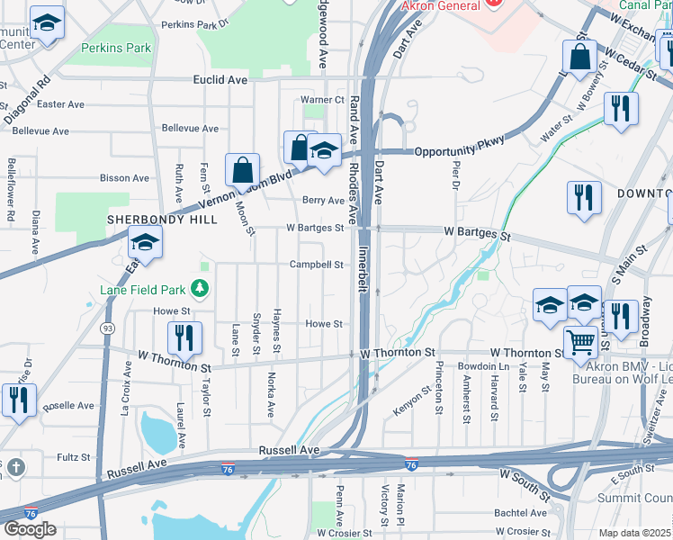 map of restaurants, bars, coffee shops, grocery stores, and more near 364 Campbell Street in Akron