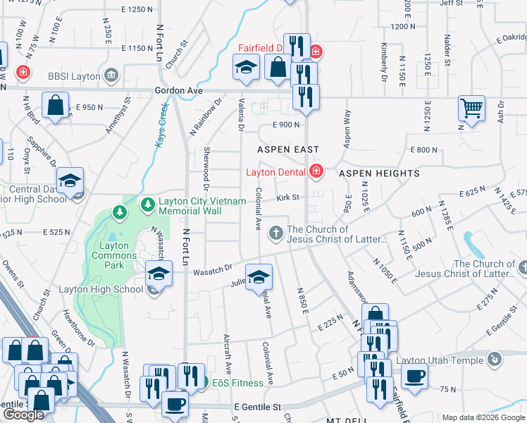 map of restaurants, bars, coffee shops, grocery stores, and more near 624 Colonial Avenue in Layton