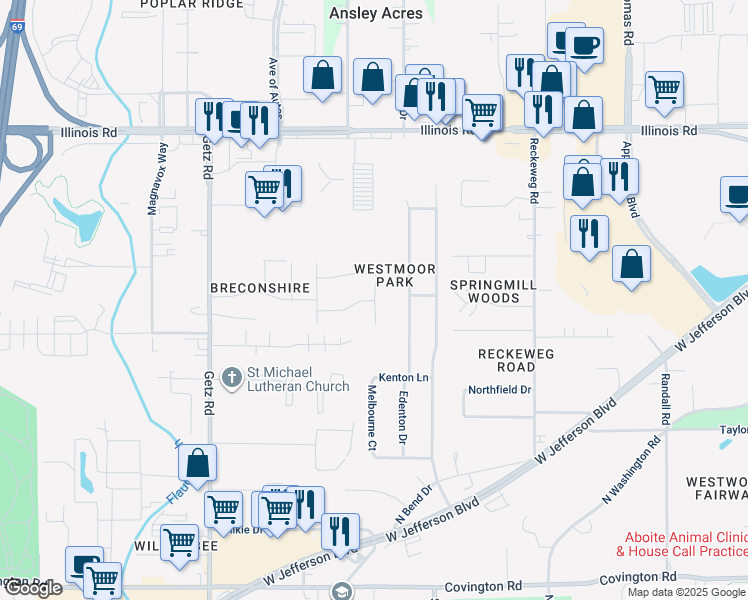 map of restaurants, bars, coffee shops, grocery stores, and more near 1798 Paveys Glen Run in Fort Wayne