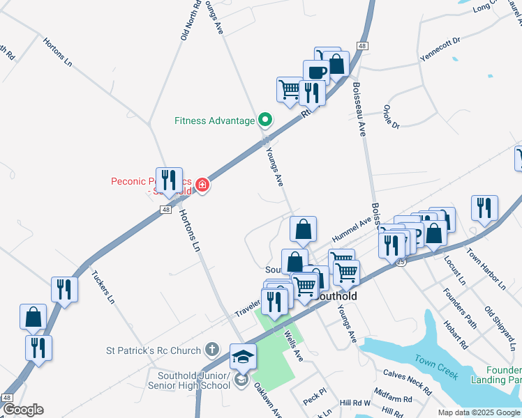 map of restaurants, bars, coffee shops, grocery stores, and more near 3005 Youngs Avenue in Southold