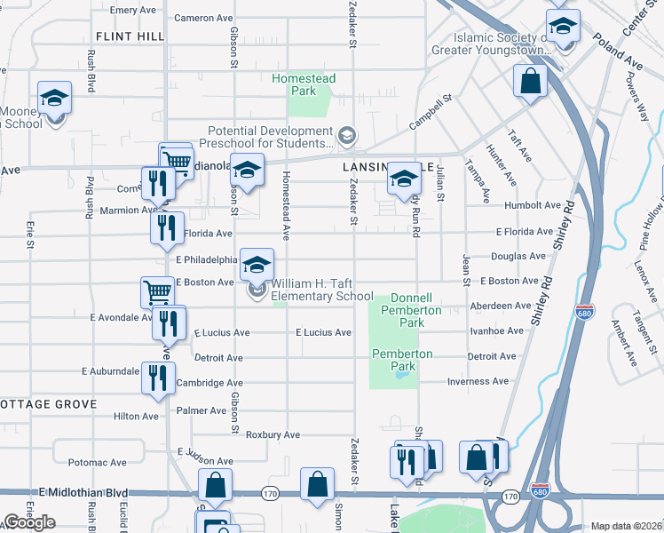 map of restaurants, bars, coffee shops, grocery stores, and more near 854 East Boston Avenue in Youngstown