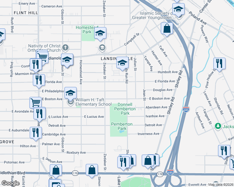 map of restaurants, bars, coffee shops, grocery stores, and more near 943 East Boston Avenue in Youngstown