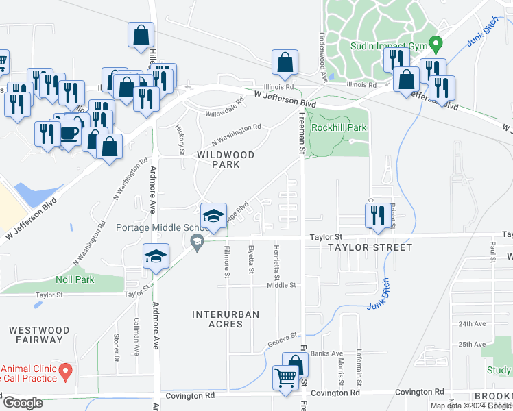 map of restaurants, bars, coffee shops, grocery stores, and more near 3431 Portage Boulevard in Fort Wayne