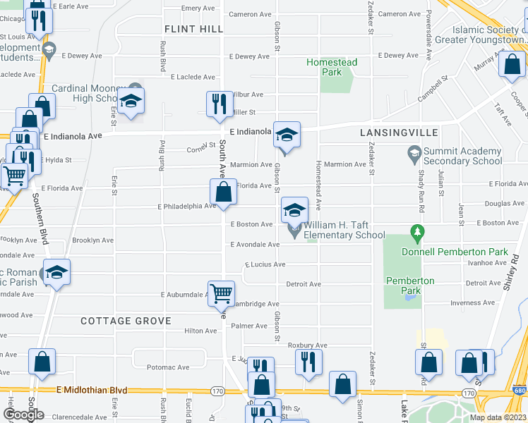 map of restaurants, bars, coffee shops, grocery stores, and more near 565 East Philadelphia Avenue in Youngstown