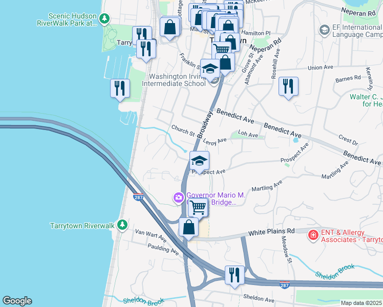map of restaurants, bars, coffee shops, grocery stores, and more near 213 South Broadway in Tarrytown