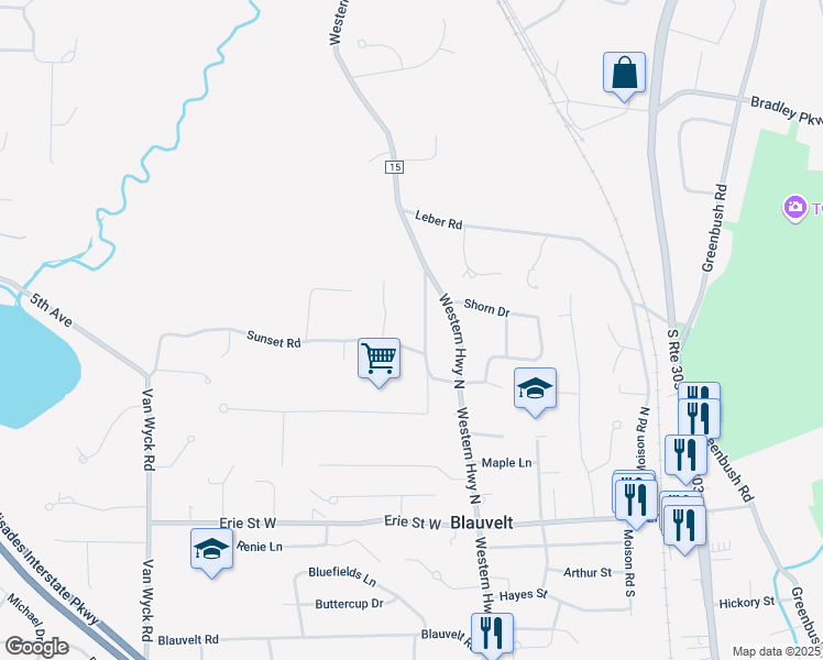 map of restaurants, bars, coffee shops, grocery stores, and more near 11 Sunset Road in Blauvelt