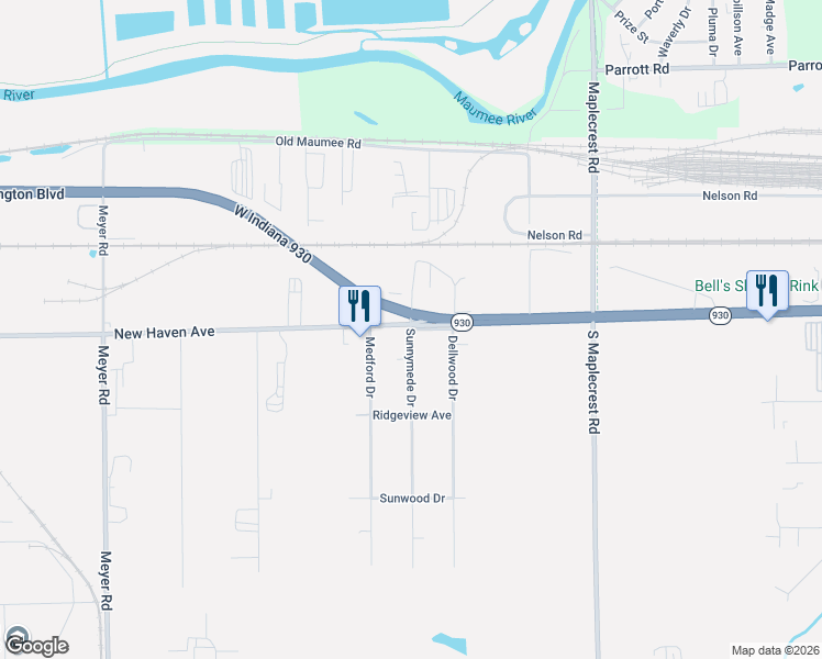 map of restaurants, bars, coffee shops, grocery stores, and more near Sunnymede Drive in Fort Wayne