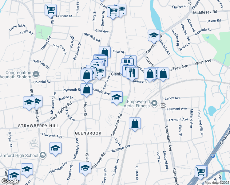 map of restaurants, bars, coffee shops, grocery stores, and more near 12 Oscar Street in Stamford