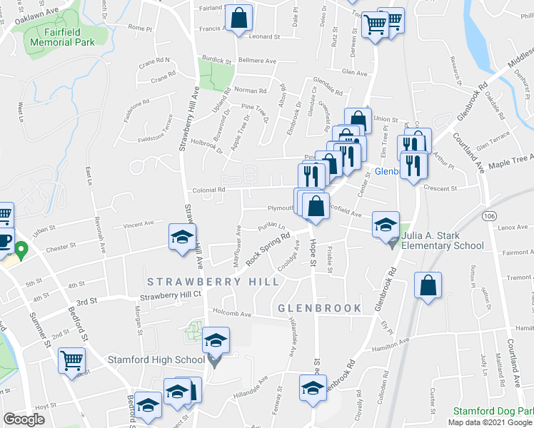 map of restaurants, bars, coffee shops, grocery stores, and more near 55 Puritan Lane in Stamford
