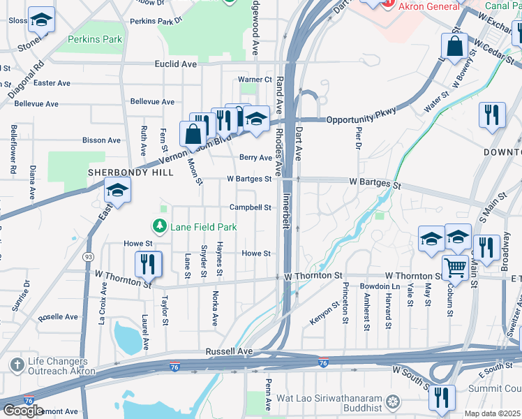 map of restaurants, bars, coffee shops, grocery stores, and more near 936 Nathan Street in Akron
