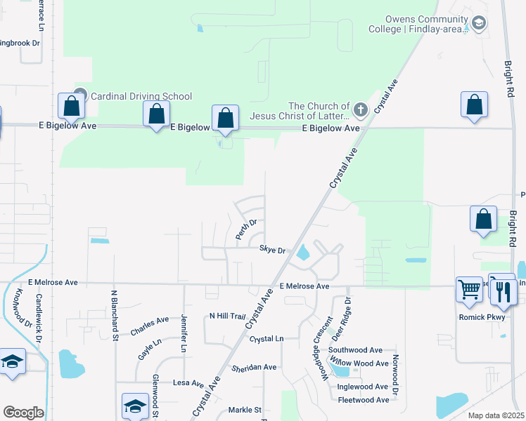 map of restaurants, bars, coffee shops, grocery stores, and more near 2400-2426 Aberdeen Drive in Findlay