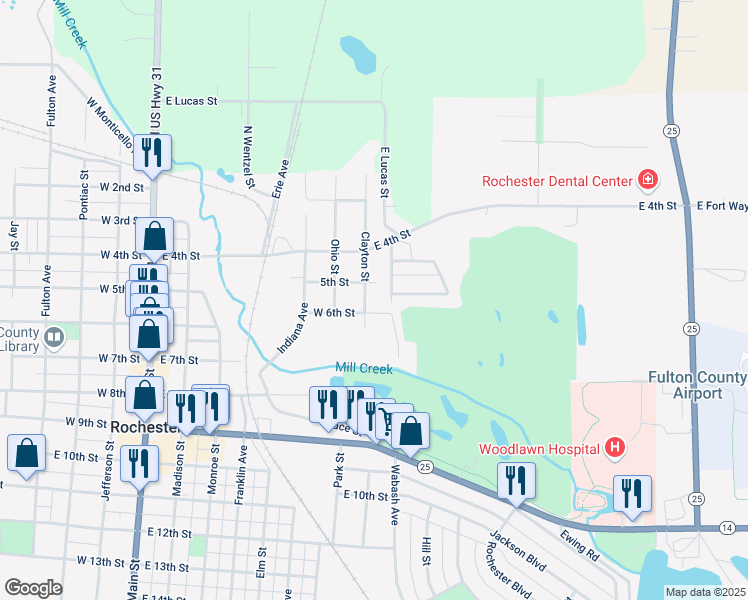 map of restaurants, bars, coffee shops, grocery stores, and more near 601-611 Clayton Street in Rochester