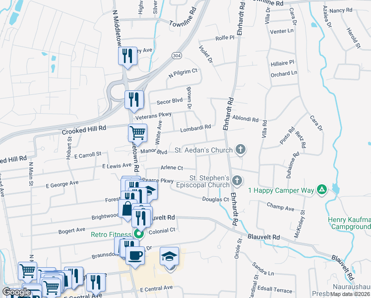 map of restaurants, bars, coffee shops, grocery stores, and more near 302 Manor Boulevard in Pearl River