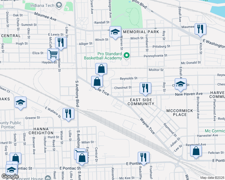 map of restaurants, bars, coffee shops, grocery stores, and more near 2221 New Haven Avenue in Fort Wayne