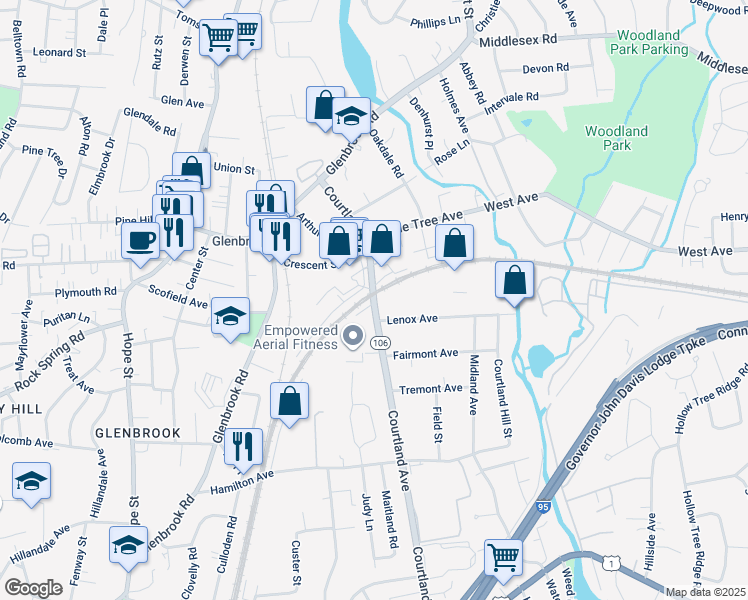 map of restaurants, bars, coffee shops, grocery stores, and more near 336 Courtland Avenue in Stamford