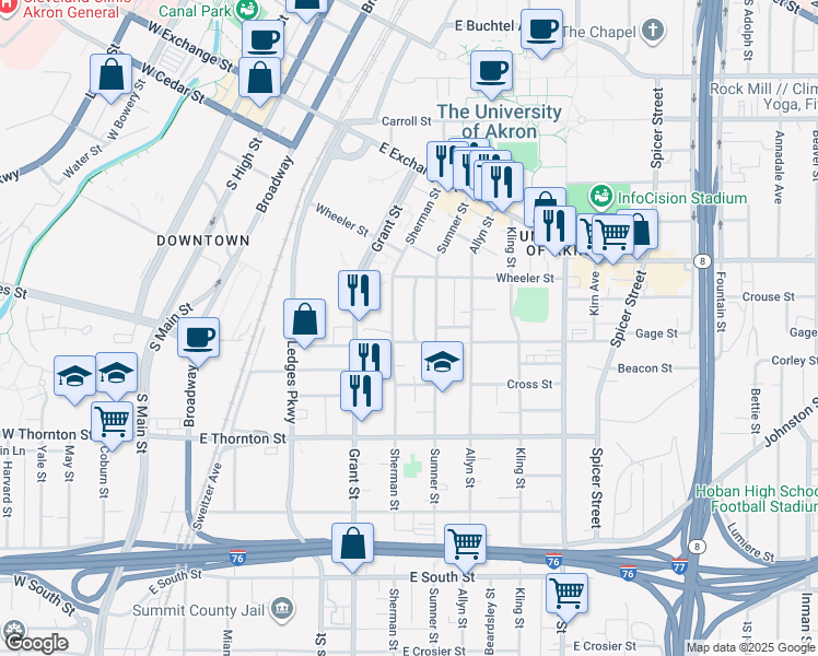 map of restaurants, bars, coffee shops, grocery stores, and more near 222 Power Street in Akron