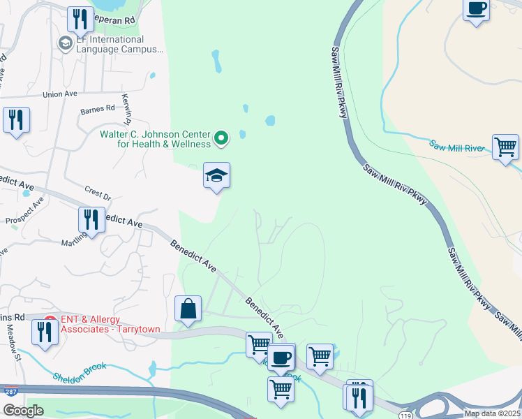 map of restaurants, bars, coffee shops, grocery stores, and more near 34 Wyldwood Drive in Tarrytown