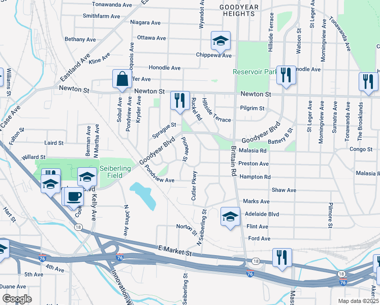 map of restaurants, bars, coffee shops, grocery stores, and more near 227 Pioneer Street in Akron