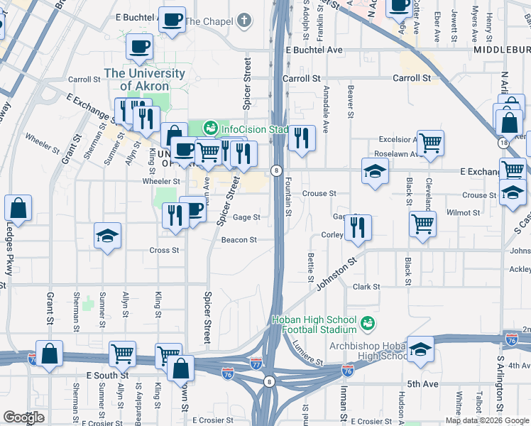 map of restaurants, bars, coffee shops, grocery stores, and more near 551 Beacon Street in Akron