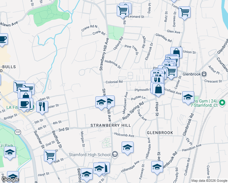 map of restaurants, bars, coffee shops, grocery stores, and more near 237 Strawberry Hill Avenue in Stamford
