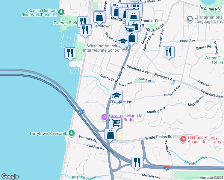 map of restaurants, bars, coffee shops, grocery stores, and more near 240 South Broadway in Tarrytown