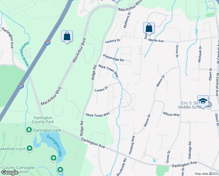 map of restaurants, bars, coffee shops, grocery stores, and more near 1419 Faulkner Court in Mahwah