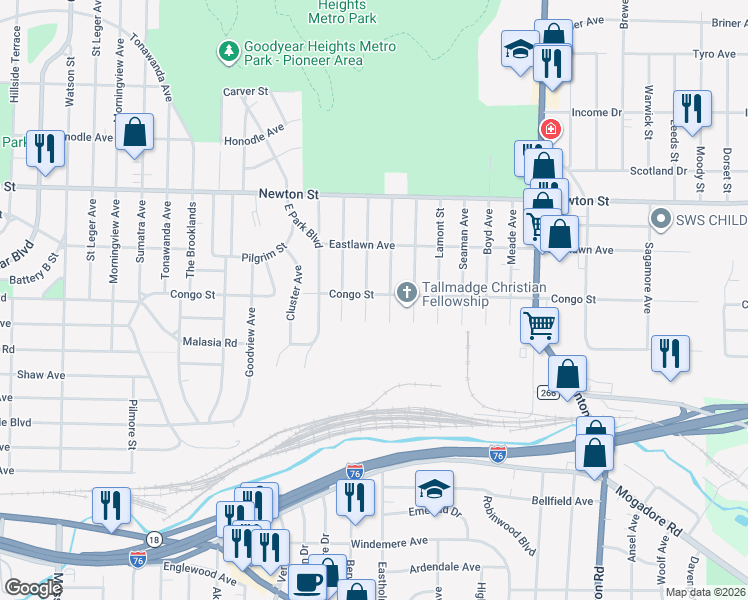 map of restaurants, bars, coffee shops, grocery stores, and more near 369 Newell Avenue in Akron