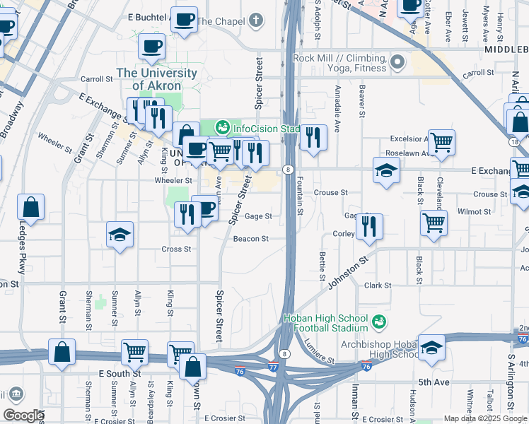 map of restaurants, bars, coffee shops, grocery stores, and more near 551 Beacon Street in Akron