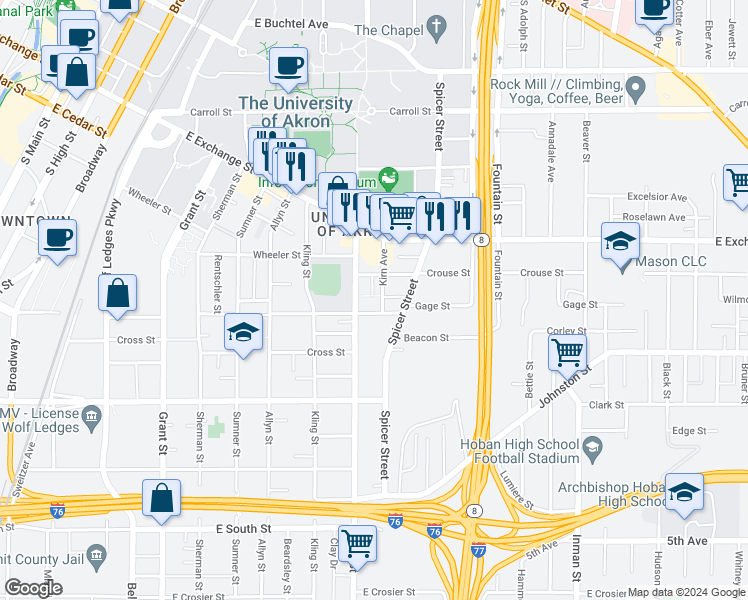 map of restaurants, bars, coffee shops, grocery stores, and more near 432 Power Street in Akron
