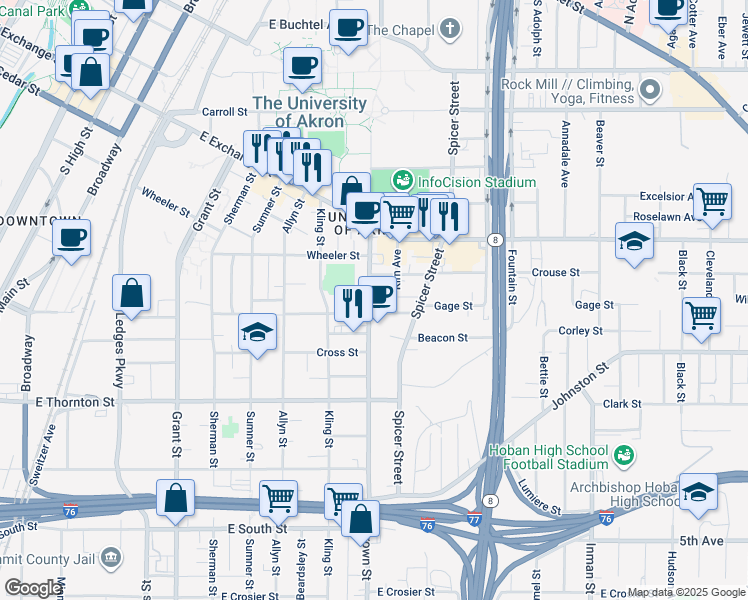 map of restaurants, bars, coffee shops, grocery stores, and more near 488 Brown Street in Akron