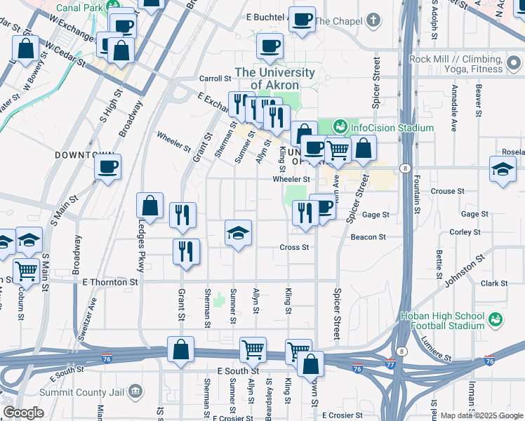 map of restaurants, bars, coffee shops, grocery stores, and more near 310 Power Street in Akron