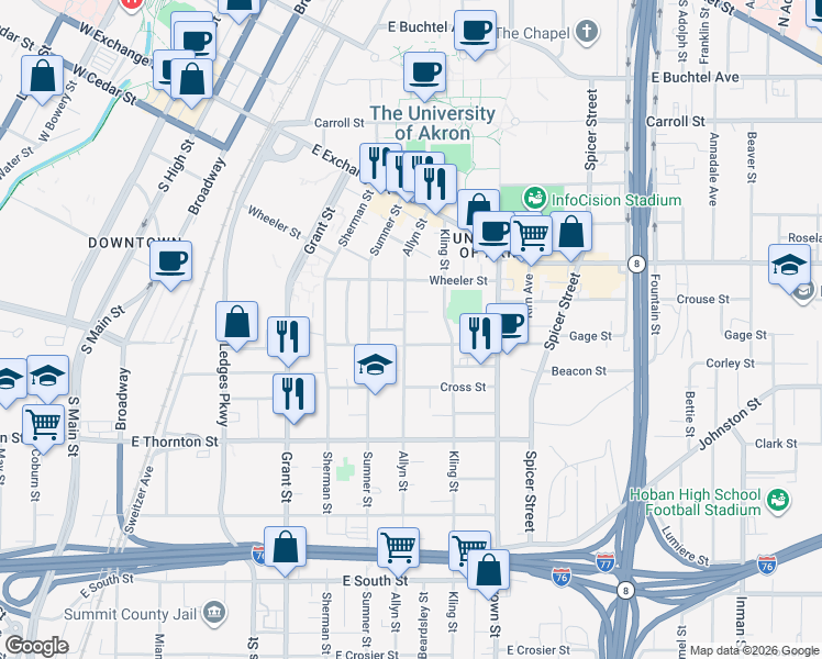 map of restaurants, bars, coffee shops, grocery stores, and more near 310 Power Street in Akron