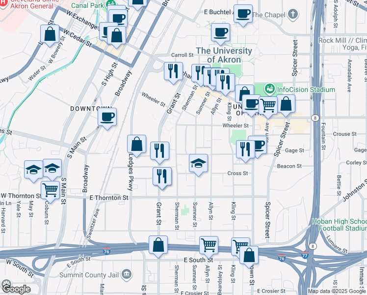 map of restaurants, bars, coffee shops, grocery stores, and more near 222 Power Street in Akron