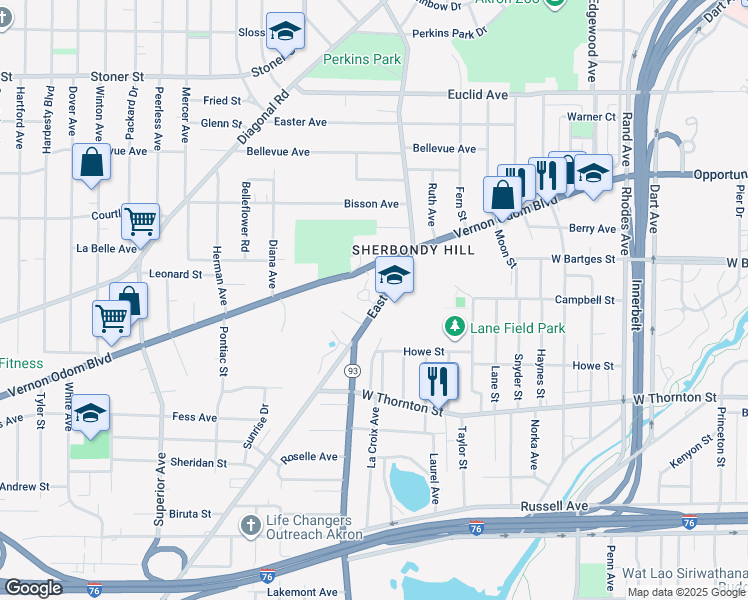 map of restaurants, bars, coffee shops, grocery stores, and more near 1111 East Avenue in Akron
