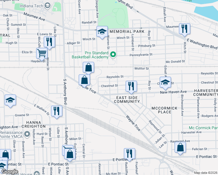 map of restaurants, bars, coffee shops, grocery stores, and more near 2221 New Haven Avenue in Fort Wayne