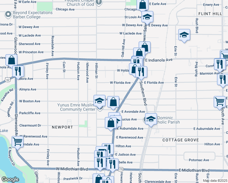 map of restaurants, bars, coffee shops, grocery stores, and more near 101 West Philadelphia Avenue in Youngstown